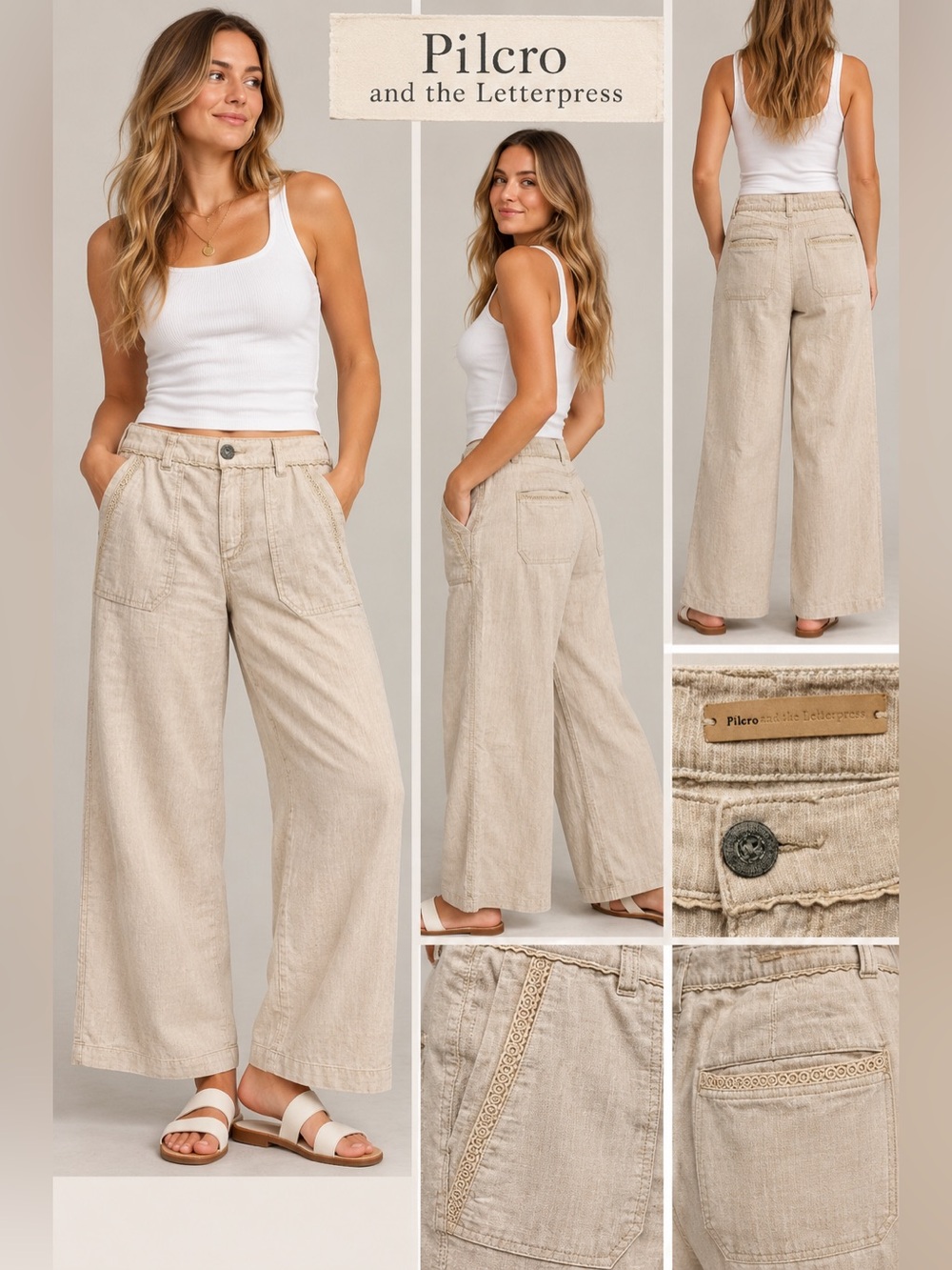 Pilcro & The Letterpress Linen Blend Utility Cargo Pants Beige Size 12
